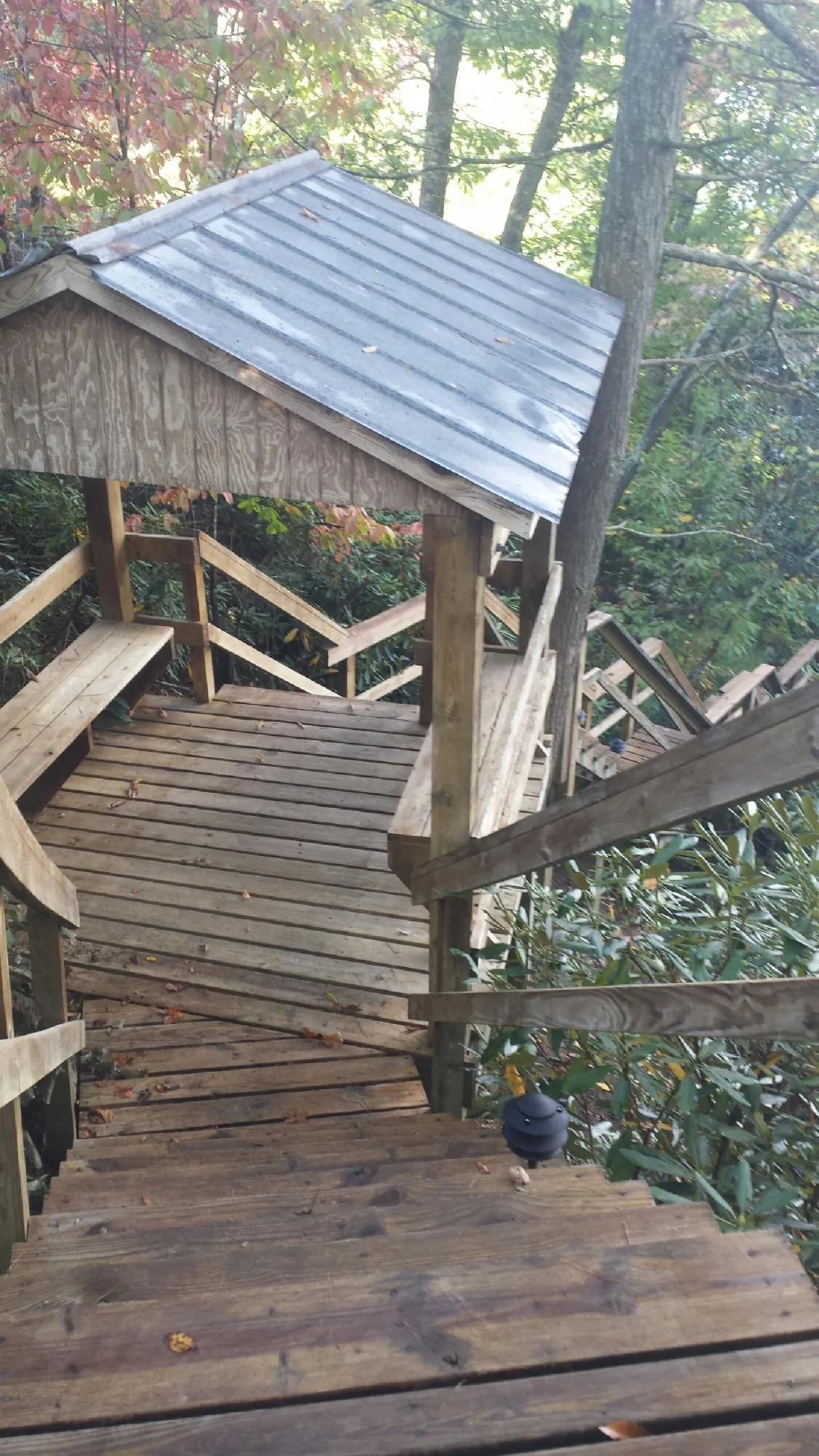 Metal roofed shelter over wooden steps on a wooded walkway — Skylight Repair & Installation work by our crew in Jelm